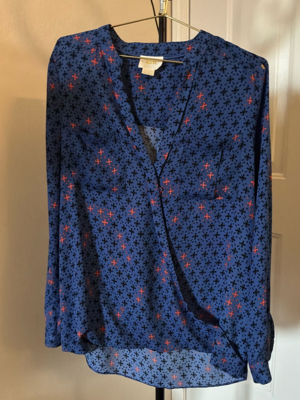 Anthropologie Royal Blue Printed Blouse with Pink Accents